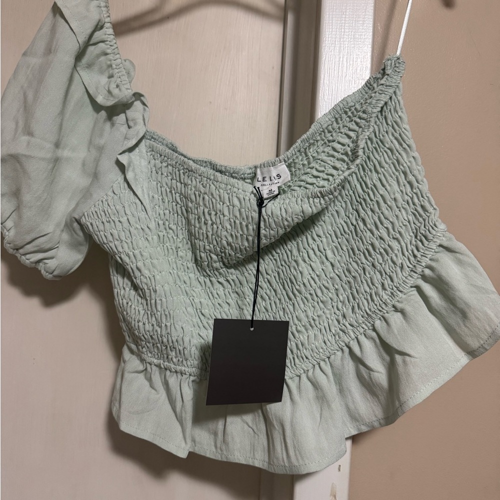 Le Lis Light Green Smocked Off-Shoulder Blouse